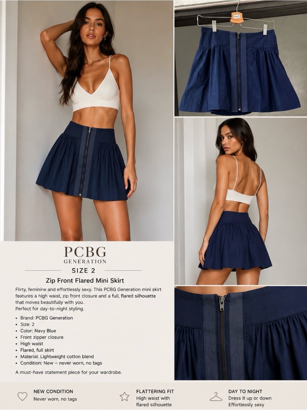 BCBGeneration Navy Blue Zip-Front Flared Mini Skirt